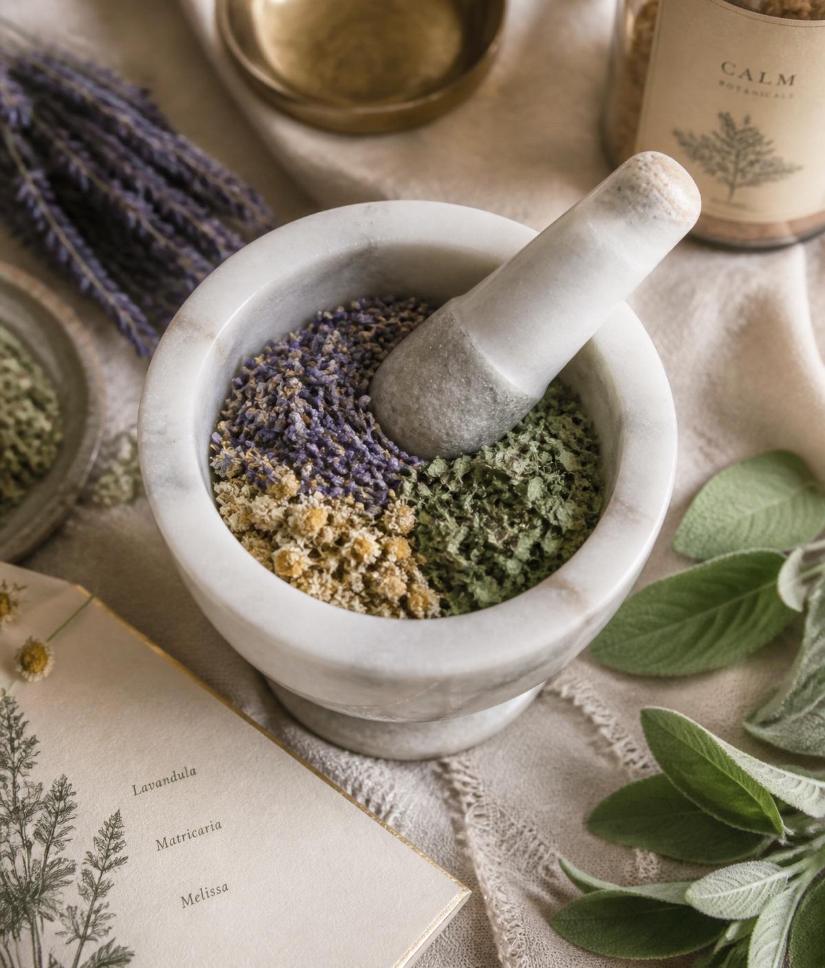 Erbe officinali e mortaio: lavanda, camomilla, salvia