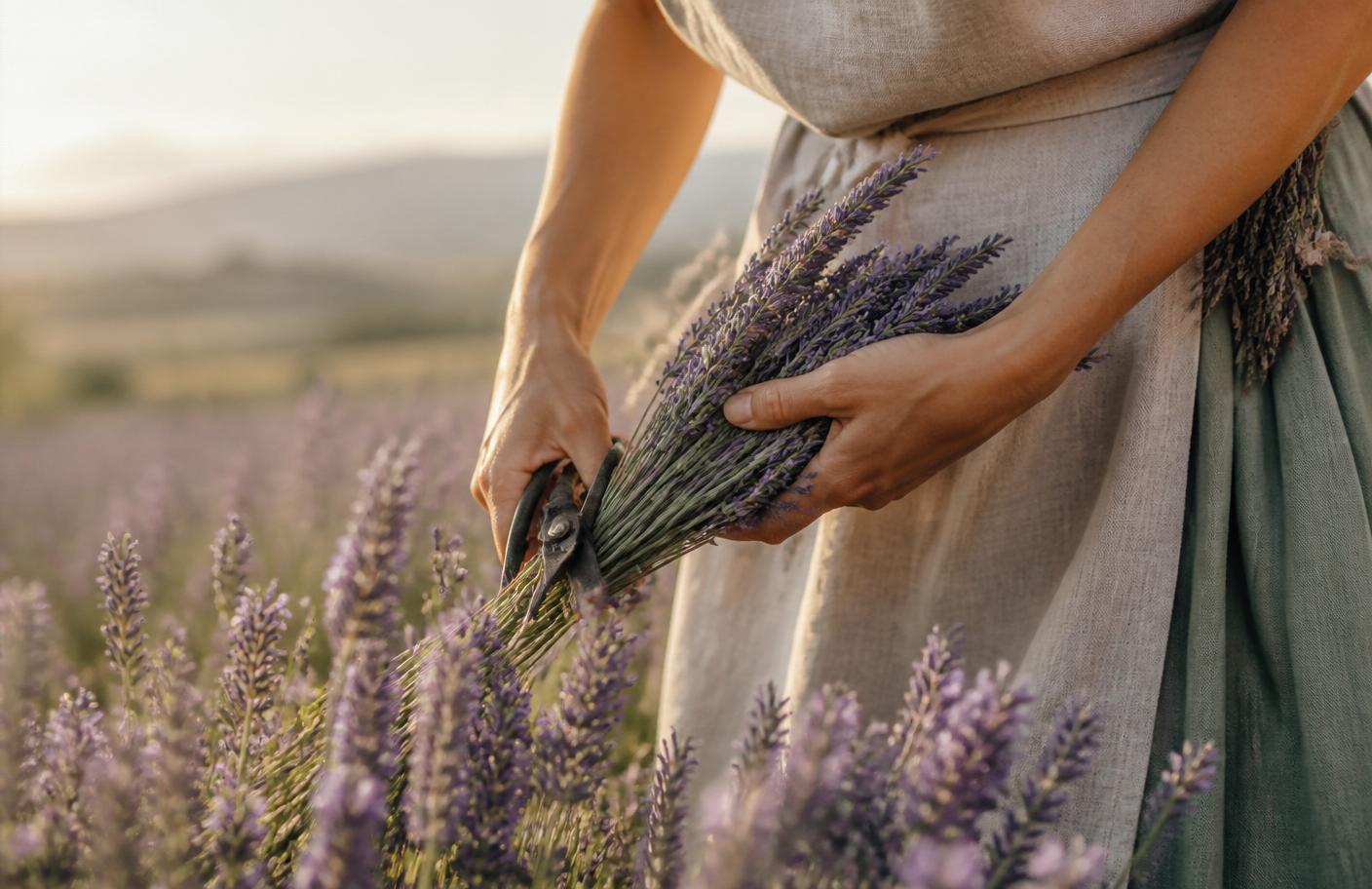 Raccolta manuale di lavanda in un campo del Salento all'alba